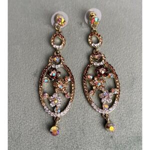 Floral Oval Ombré Rhinestone Gemstone Jewelry 3" Earrings Glam Gold P083